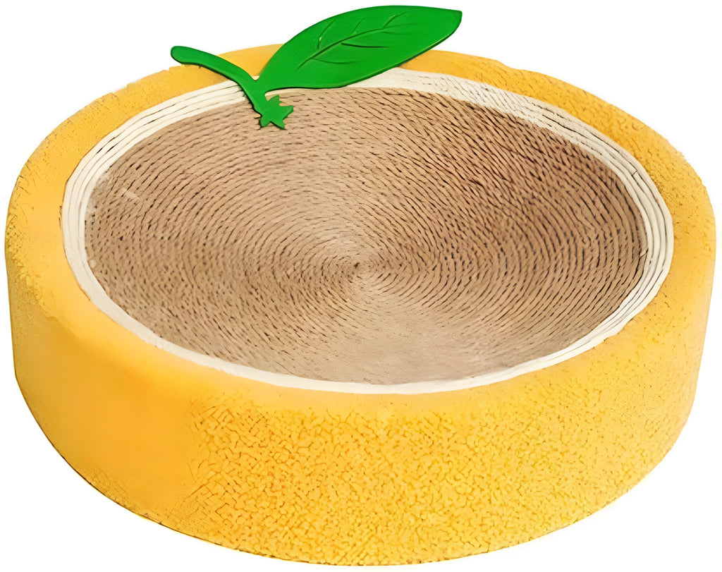 Orange round fruit-shaped sisal cat scratching board and bed for small breed cats.