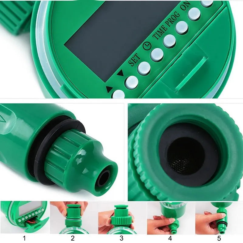 Automatic watering timer in green for drip irrigation with dial interface and brass connectors