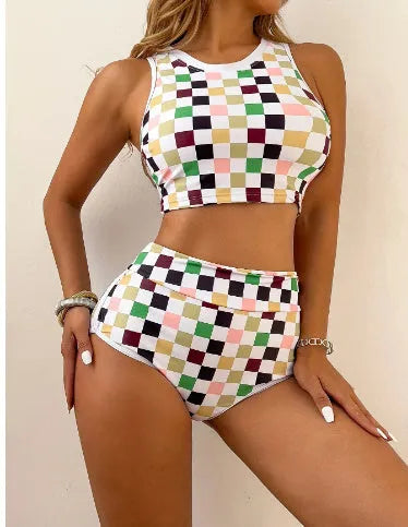 Racing one-piece swimsuit with suspender and backless in chessboard plaid pattern for women