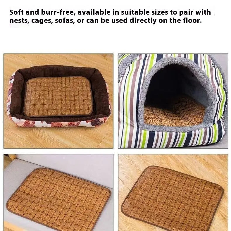 Brown rattan fibre cooling mat for dogs, summer pet bed, available in multiple sizes