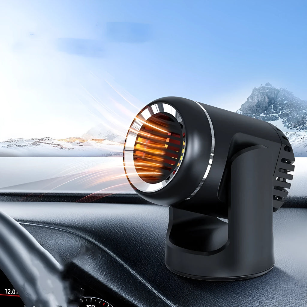 Compact 12V car heater defrost fan in black and white ABS plastic with heat switch and 1.5m power cord