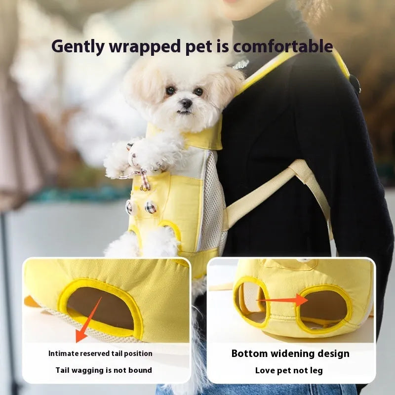 Cartoon Beka yellow bear design soft canvas pet carrier chest bag with ribbon handles.