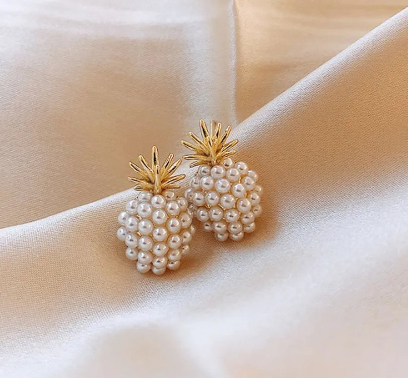 Korean style pineapple and starfish pearl earrings with electroplated alloy construction and artificial gem accents.