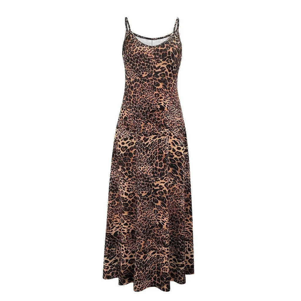 Dark brown leopard print casual dress with sleeveless sling design and round neck