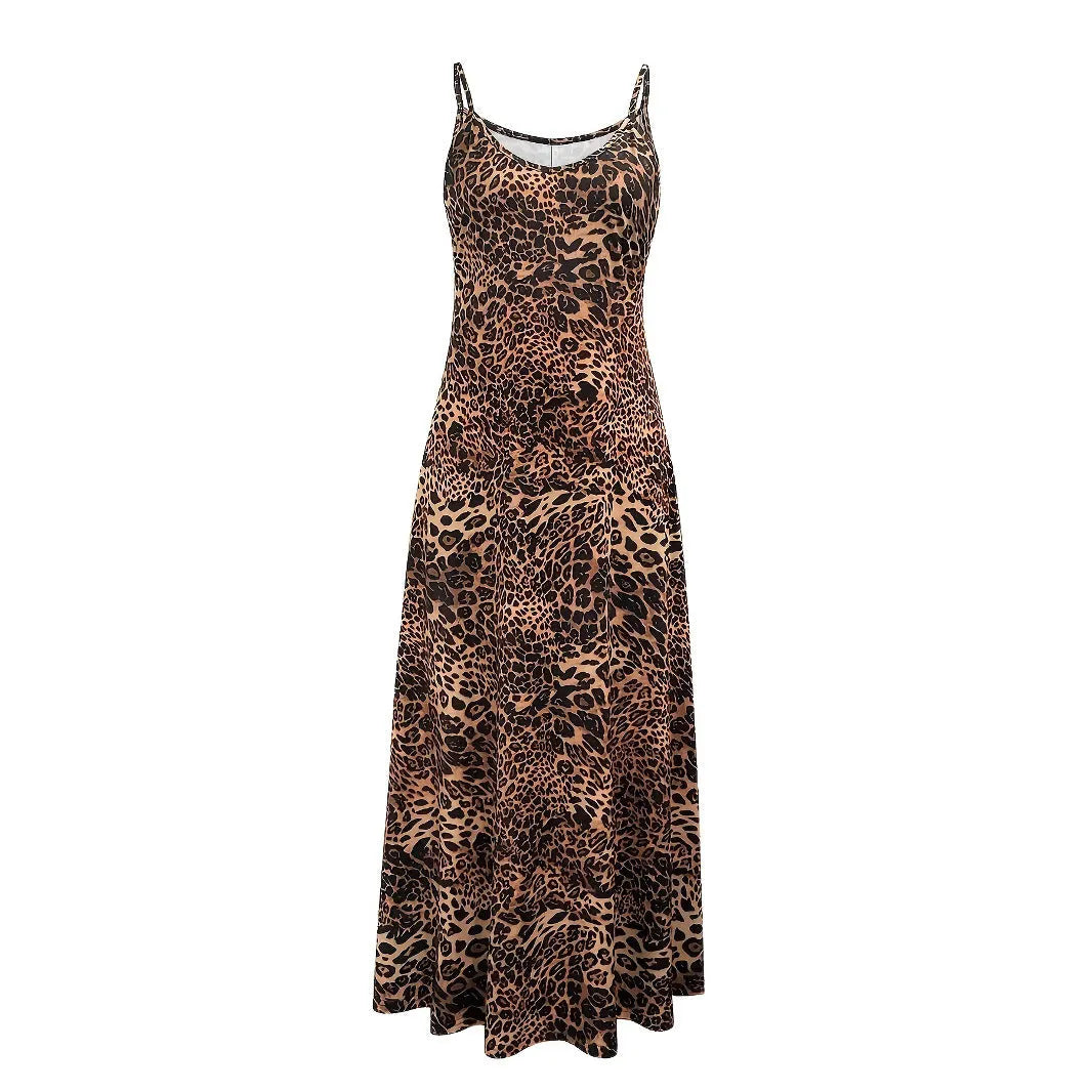 Dark brown leopard print casual dress with sleeveless sling design and round neck