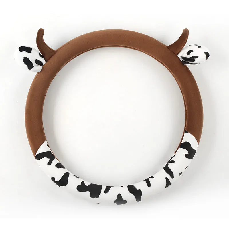 Short plush car steering wheel cover in coffee colour showing protective handle detail