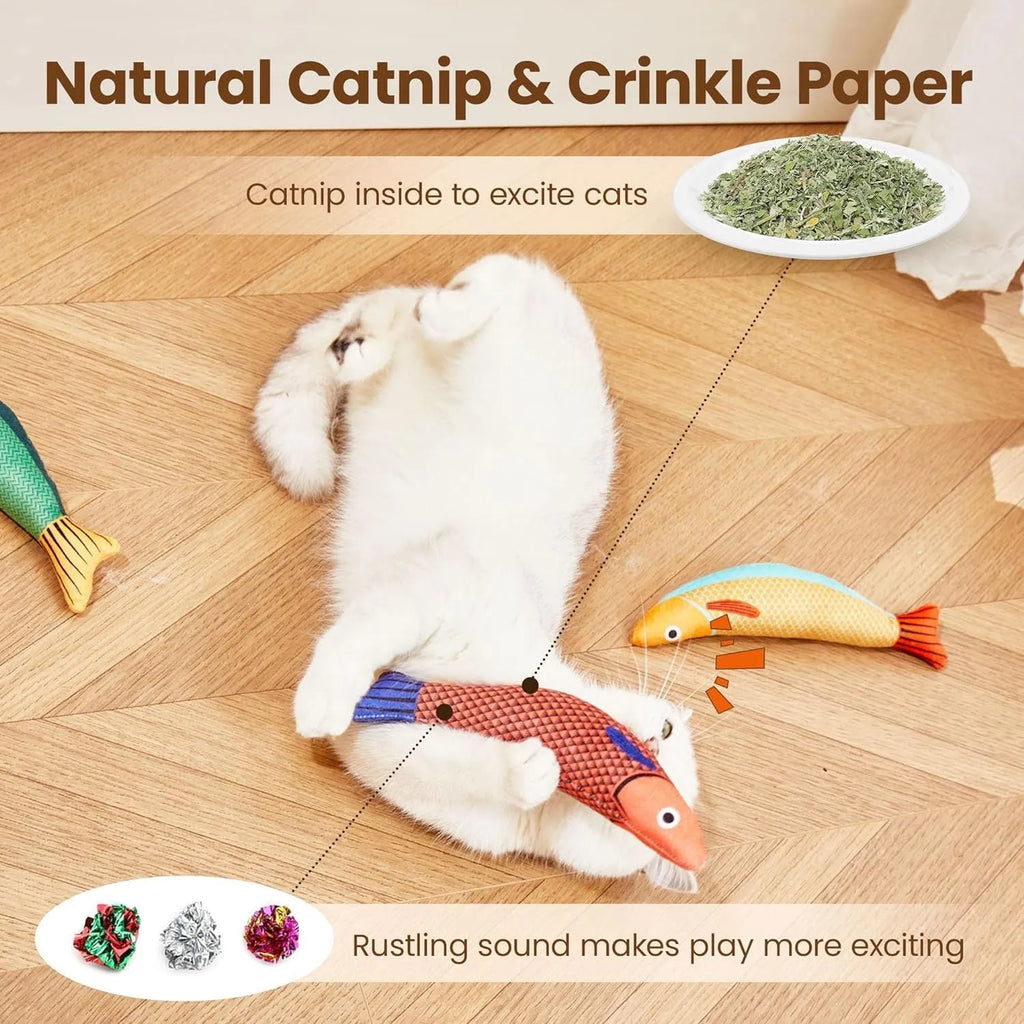 Soft green plush fish-shaped cat kicker toy with organic catnip filling on a neutral background