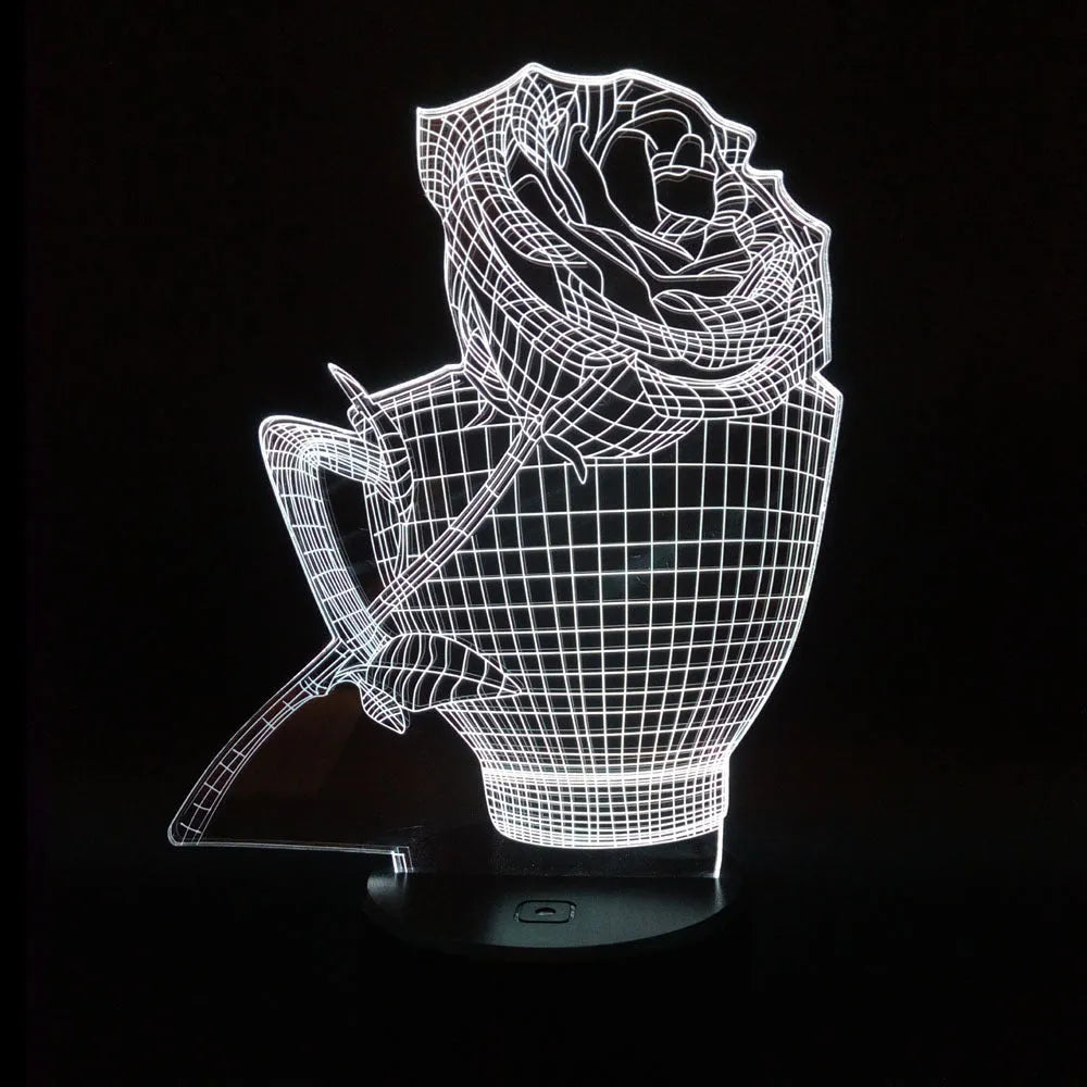 3D rose flower LED night light showing acrylic design on black ABS base, displaying blue colour.