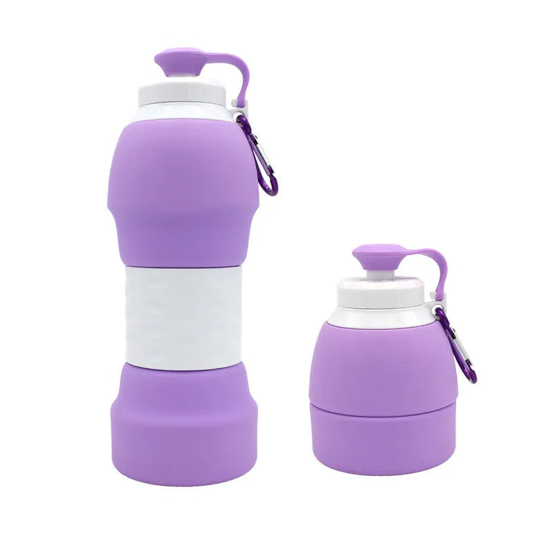Silicone folding water bottle 580ml in grey, collapsed and full size, food grade portable sport bottle