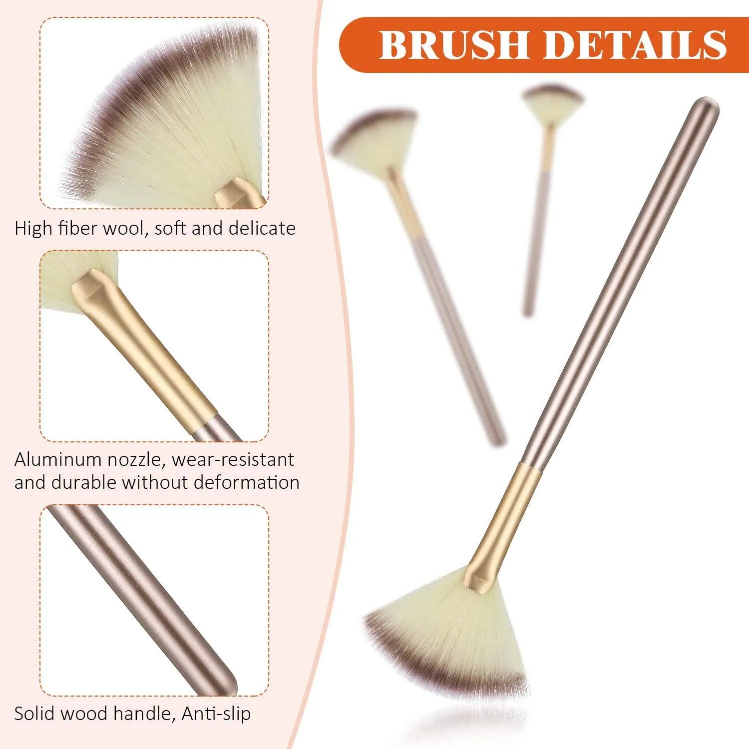 Ten champagne-coloured acrylic handle fan brushes with soft white bristles and clear protective covers.