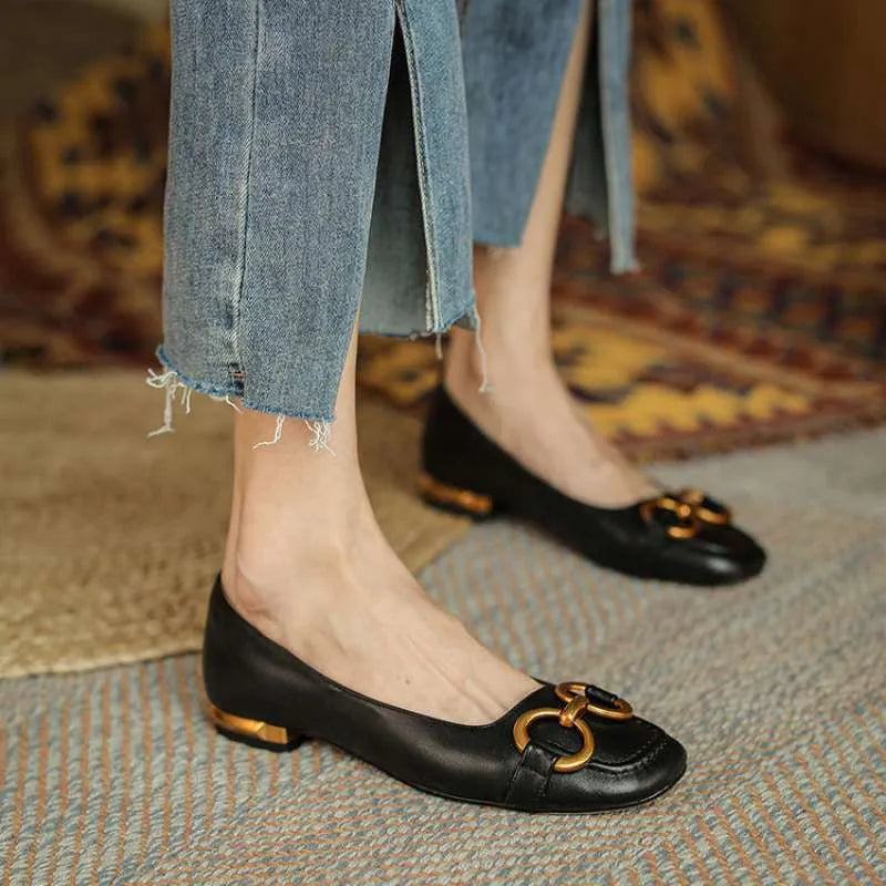 Women's Wanwan Lei style shallow mouth pumps with square toe, metal flat detail, and Mary Jane strap in various colours.