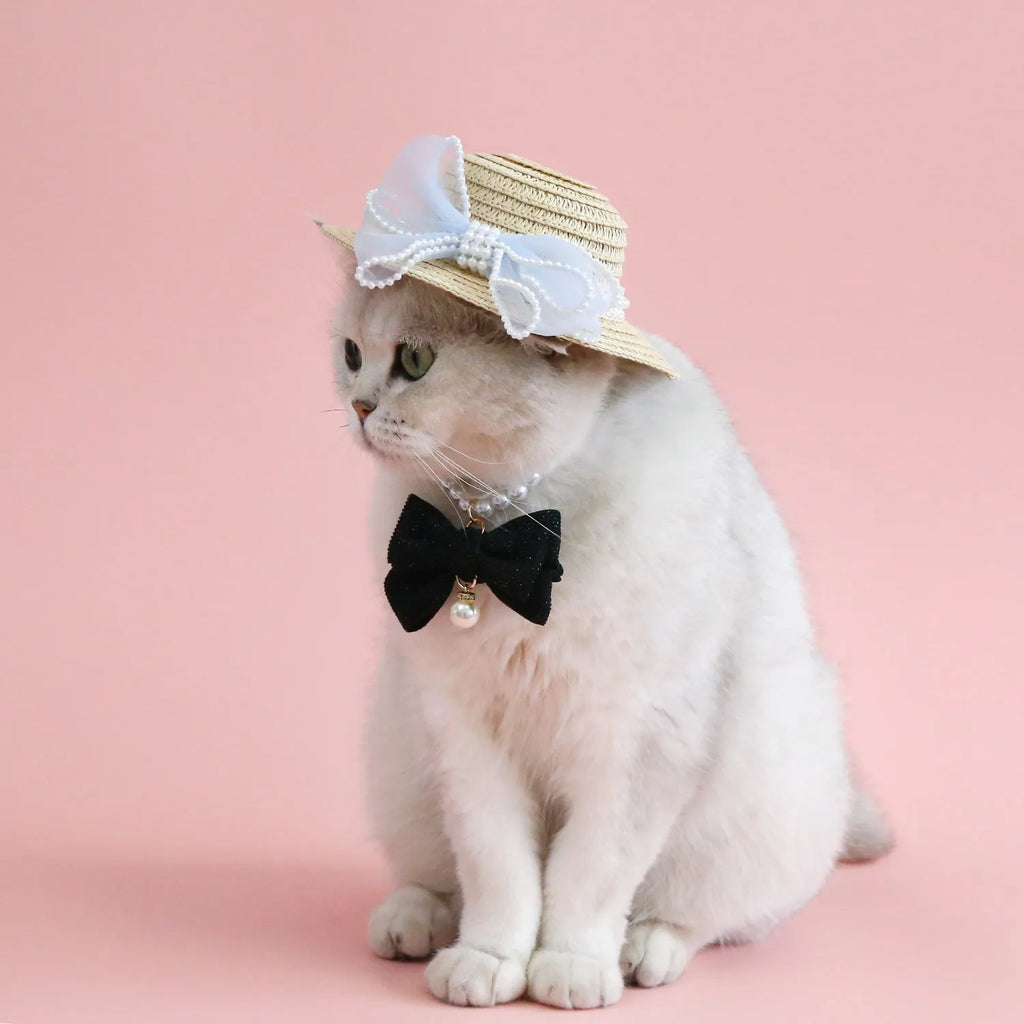 Pink pearl butterfly bow woven straw cat hat for pets with Lafite leaves material