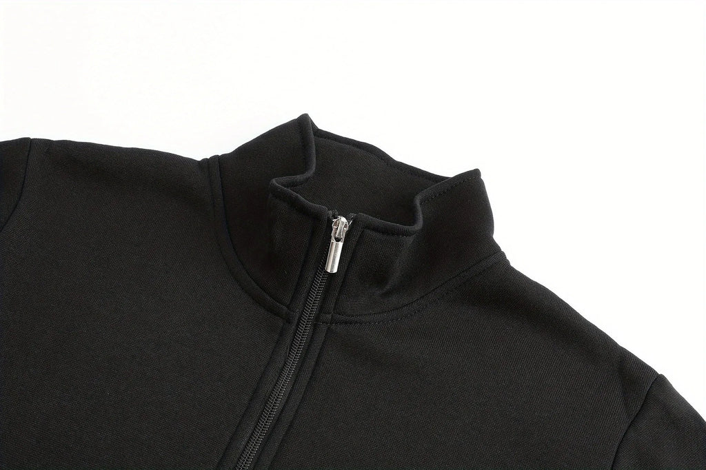 Men's loose fit polyester cardigan jacket in black with dimensional patch pocket, front view