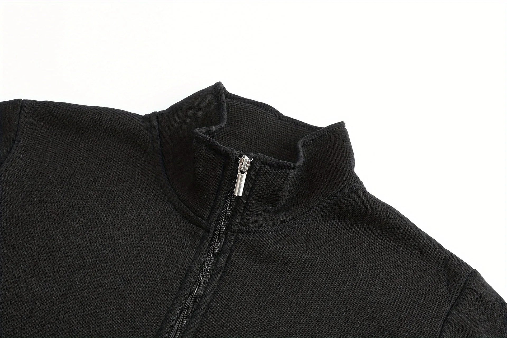 Men's loose fit polyester cardigan jacket in black with dimensional patch pocket, front view