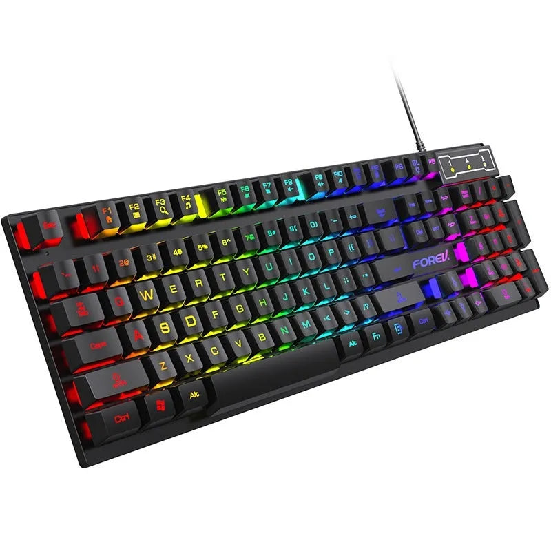 Black ABS mechanical gaming keyboard with backlit keys beside matching USB mouse on desk