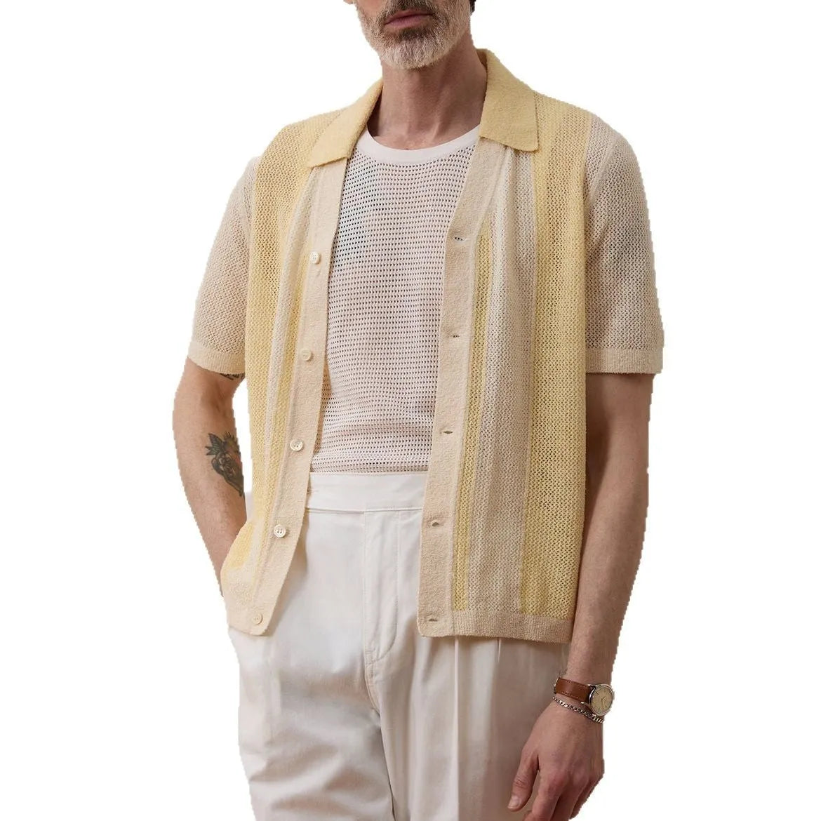 Yellow men's short-sleeve polo shirt with hollow-out design and asymmetric cut.
