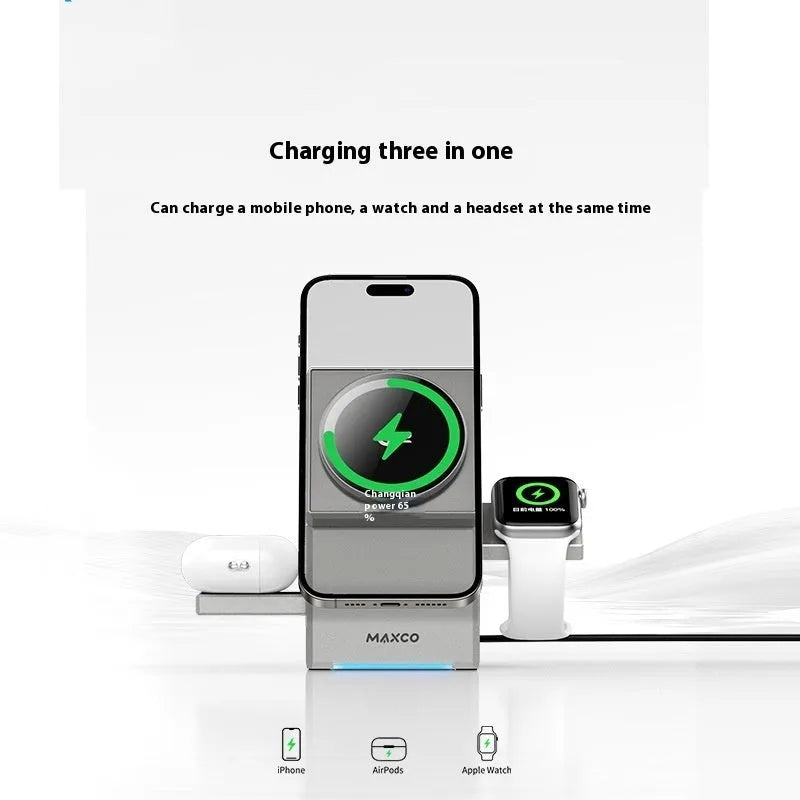 Qi2 magnetic touch rotating 3-in-1 wireless charger silver gray for phone earphones watch