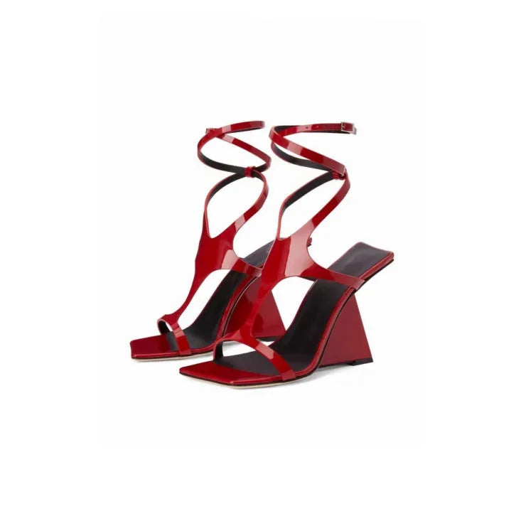 Women's black high heel sandals with 9.5cm block heel and square toe design with adjustable buckle