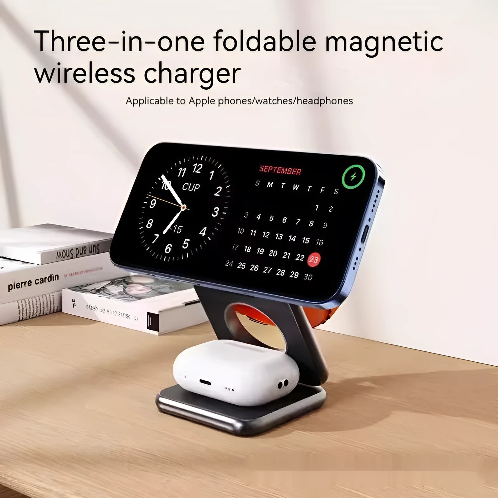 Foldable magnetic wireless charger in black with smartphone placed on charging pad