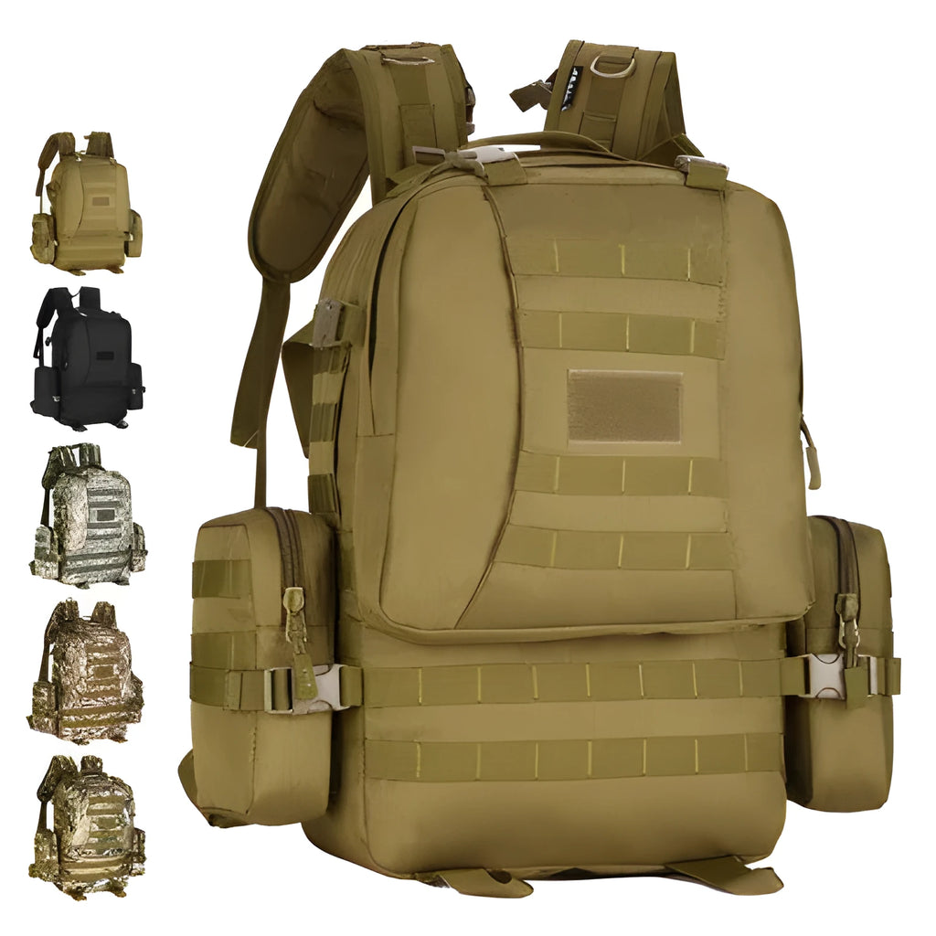 50L outdoor backpack in wolf brown with nylon fabric, multiple compartments, and webbing details