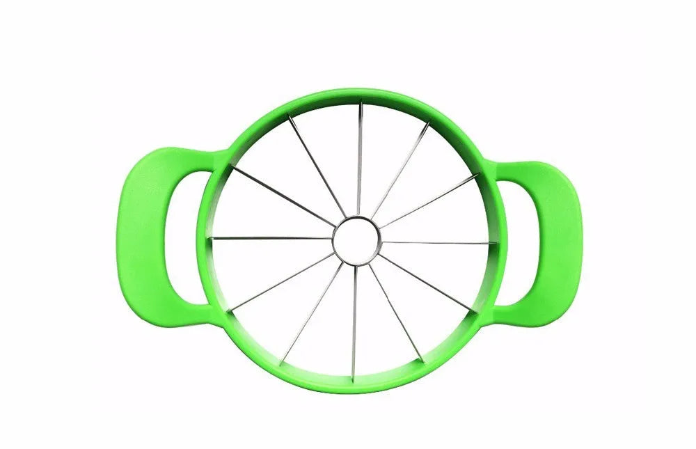 Multi-function fruit slicer cutting watermelon into 12 uniform slices with stainless steel blade and green PP plastic frame