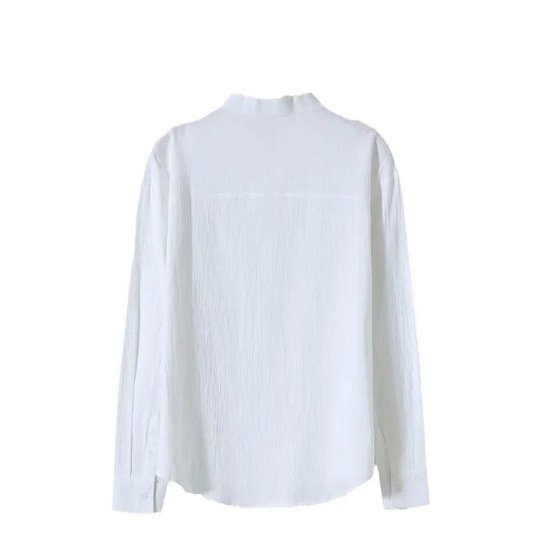 Solid colour men's long sleeve round neck casual loose linen shirt in green cotton-linen blend