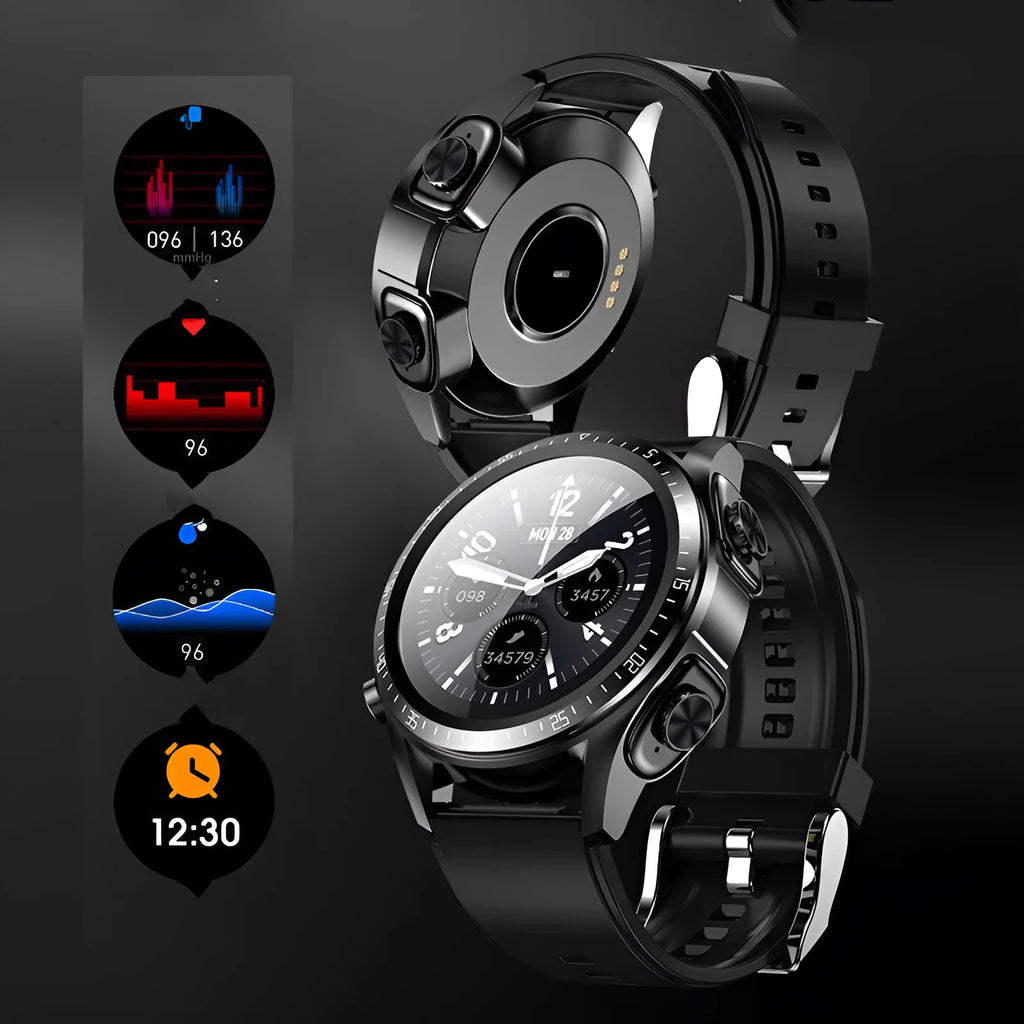 Black smart watch with silicone strap showing blood pressure and oxygen monitoring on its screen.