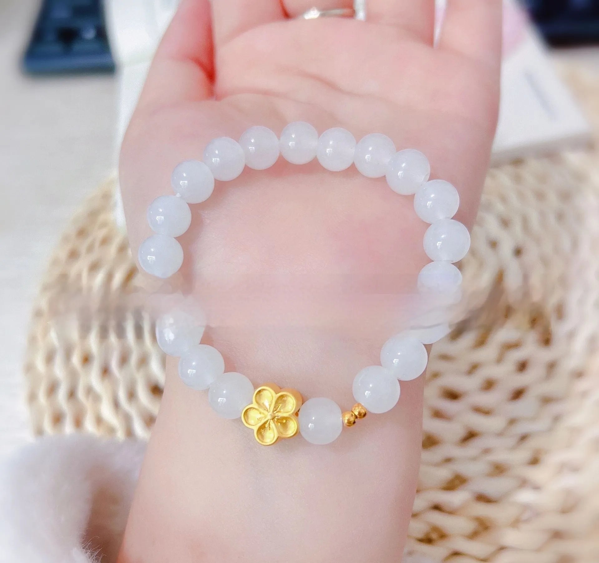 Women's aquamarine crystal bracelet with round natural pink crystal beads, light luxury style, handmade jewellery