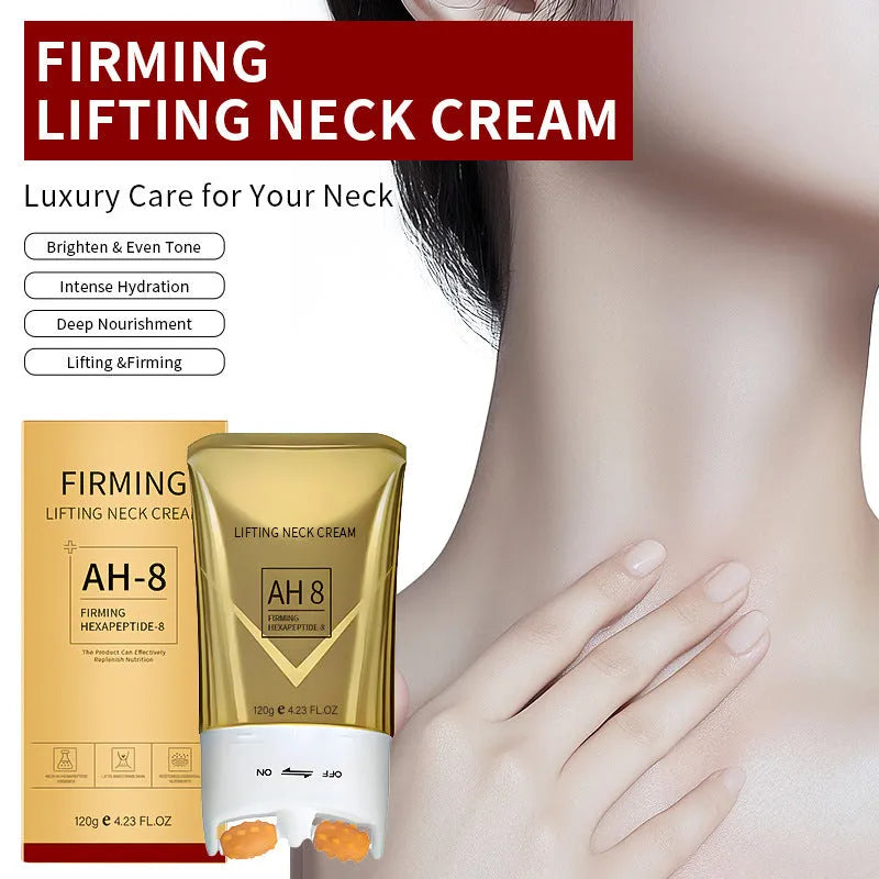 Roller neck firming cream moisturizer in 8.8 x 3.5 x 16.5 cm packaging with 120g content