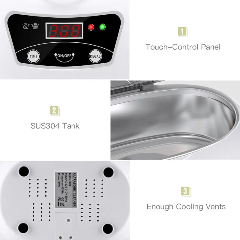 White blue ultrasonic cleaning machine for home use, 20.6cm x 15.2cm x 13.2cm, with digital control panel on a kitchen counter