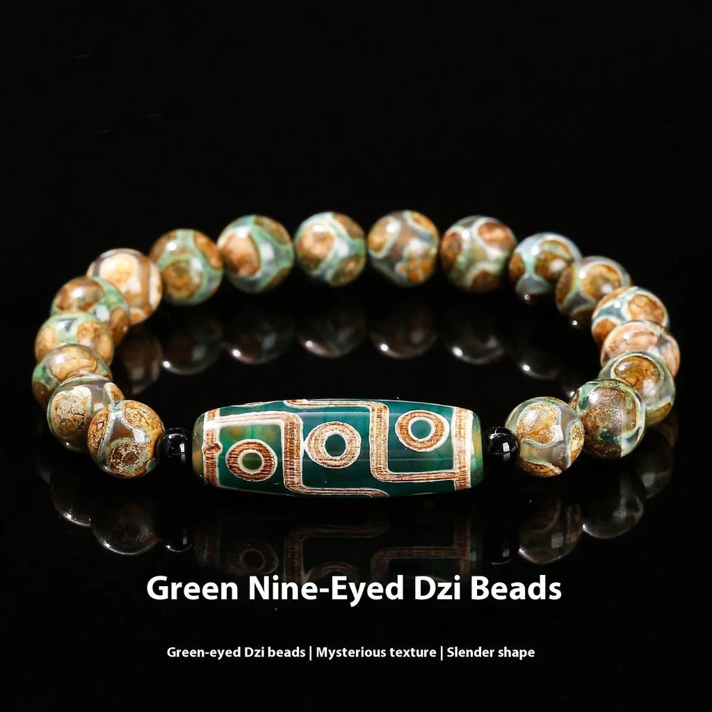 Green dzi bead barrel shaped bracelet with 8mm beads and handmade finish