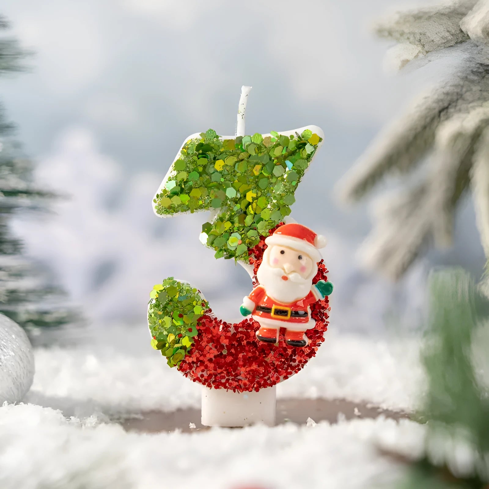 Handmade paraffin number candle, numeral 0-9, Santa Claus digital painted design on cake