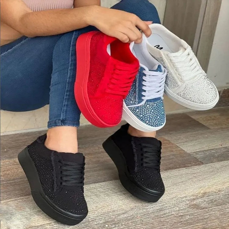 Plus size women's lace-up casual shoes with rhinestone accents on black PU upper