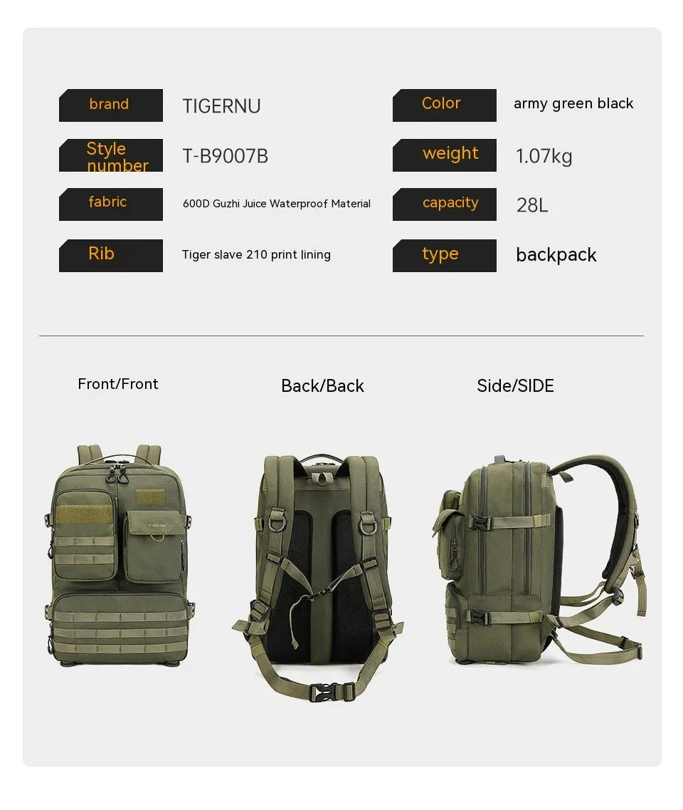 Army Green tactical waterproof backpack showing 17-inch laptop sleeve and wear-resistant nylon construction.