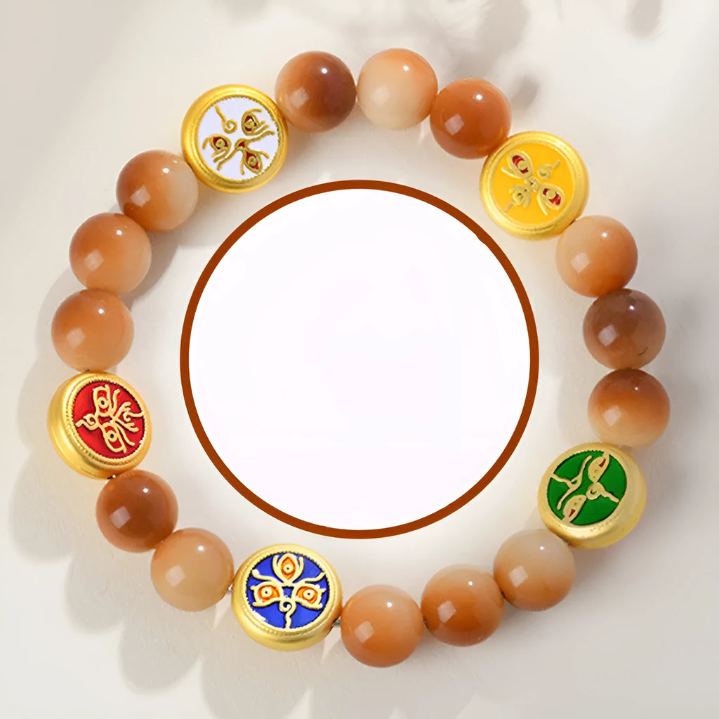Handmade bodhi seed bracelet with yellow round beads in geometric five-directions design