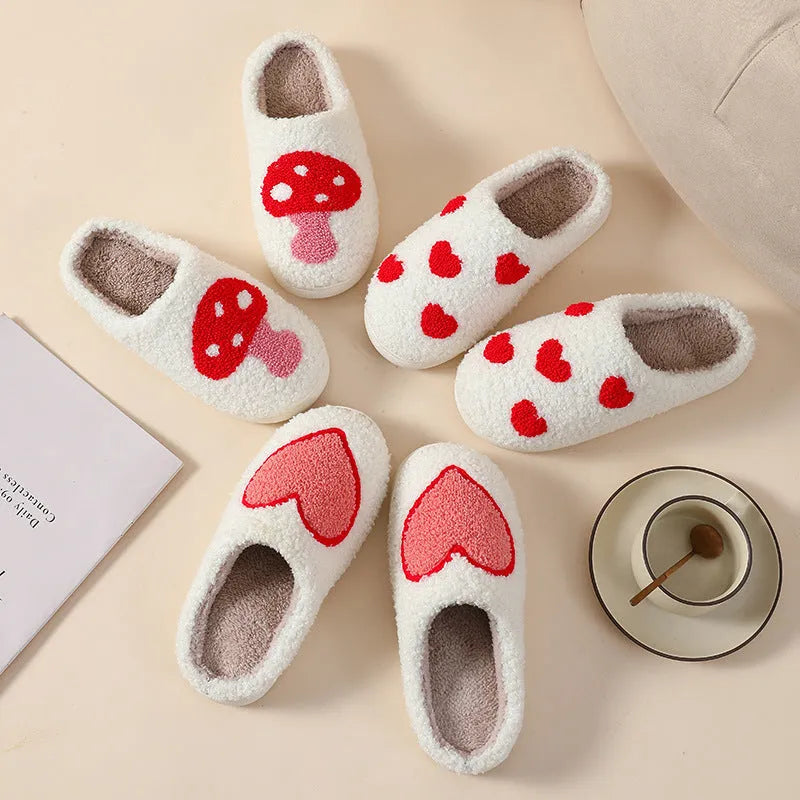 Cartoon love style plush slippers for women with PVC soles in multiple colour options