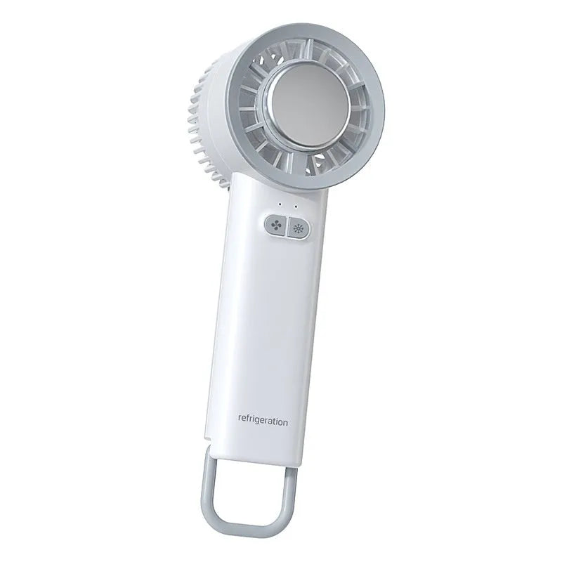 White handheld turbo jet fan with ice cooling function, 3600mAh battery, and brushless motor on a white background