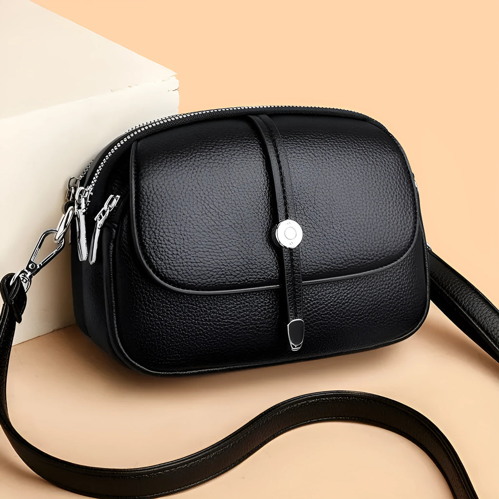 City Simple women's soft PU oval crossbody shoulder bag with sewing thread detail in Black 2545