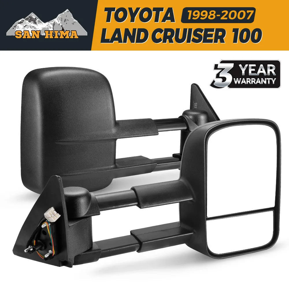 Pair of black plastic foldable rearview mirrors for Toyota Land Cruiser 100 1998-2007 for trailer use