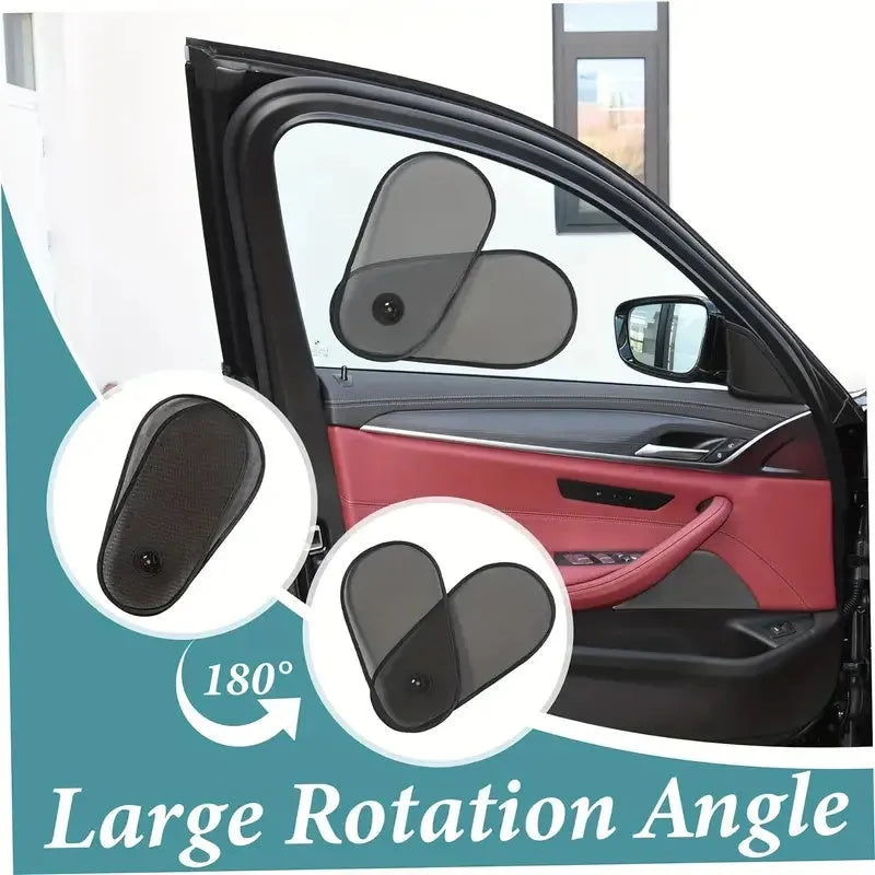 Black stretchy car window shade for baby with suction cups attached to a car side window