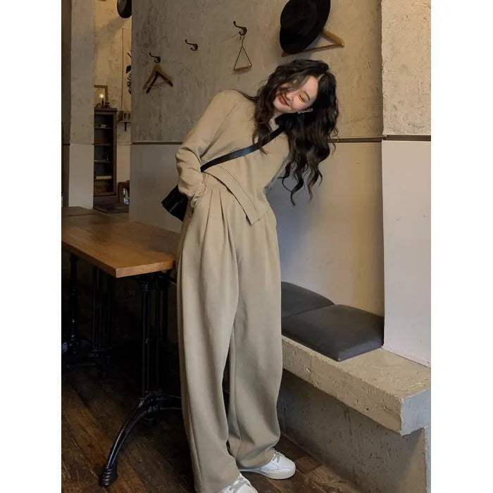 Women's casual sports suit set in khaki colour with loose fit top and trousers