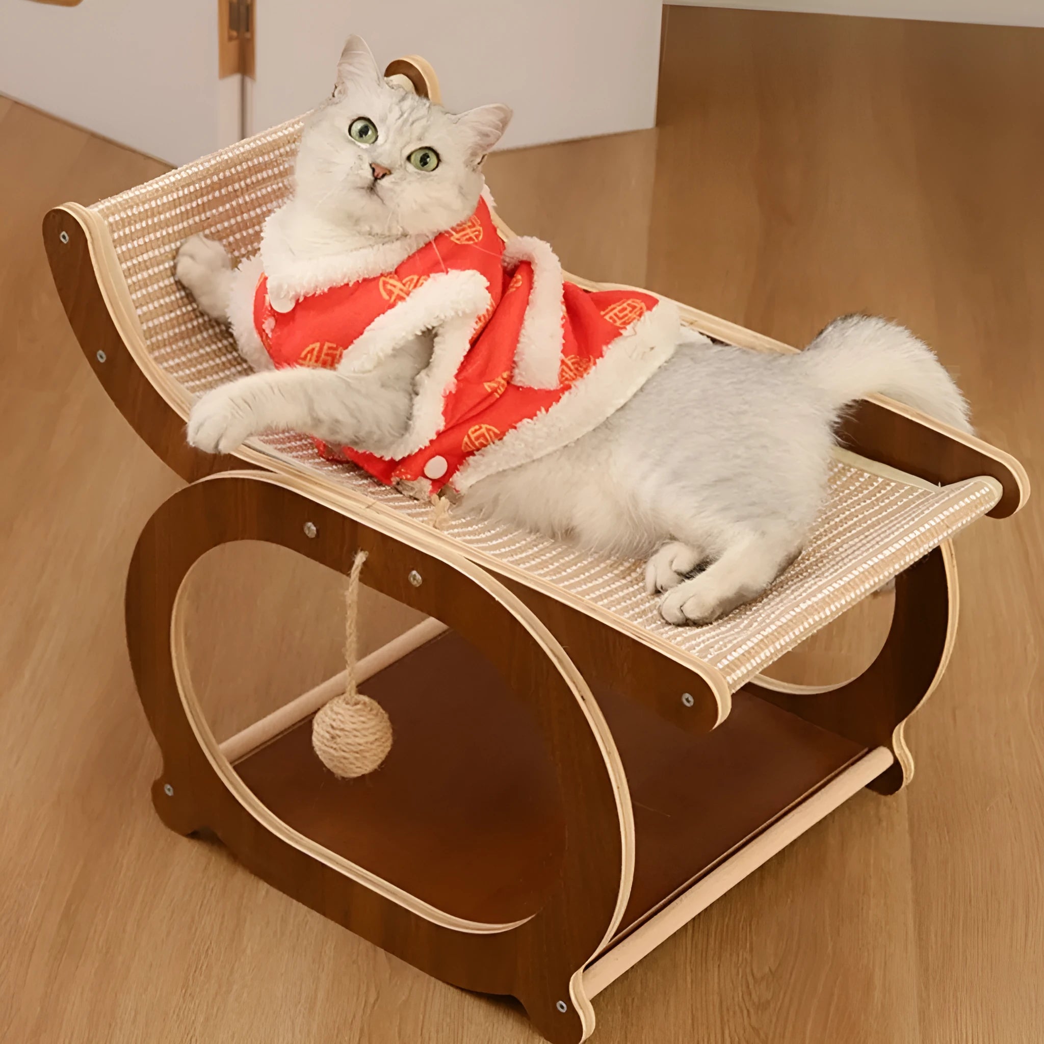 Solid wood cat scratcher bed mat with sisal surface in walnut colour option