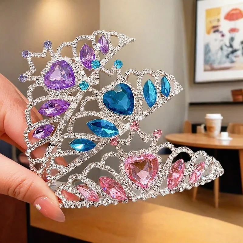 Children's crystal crown metal headband with electroplated finish in pink, light blue, or light purple for girls aged 3-10