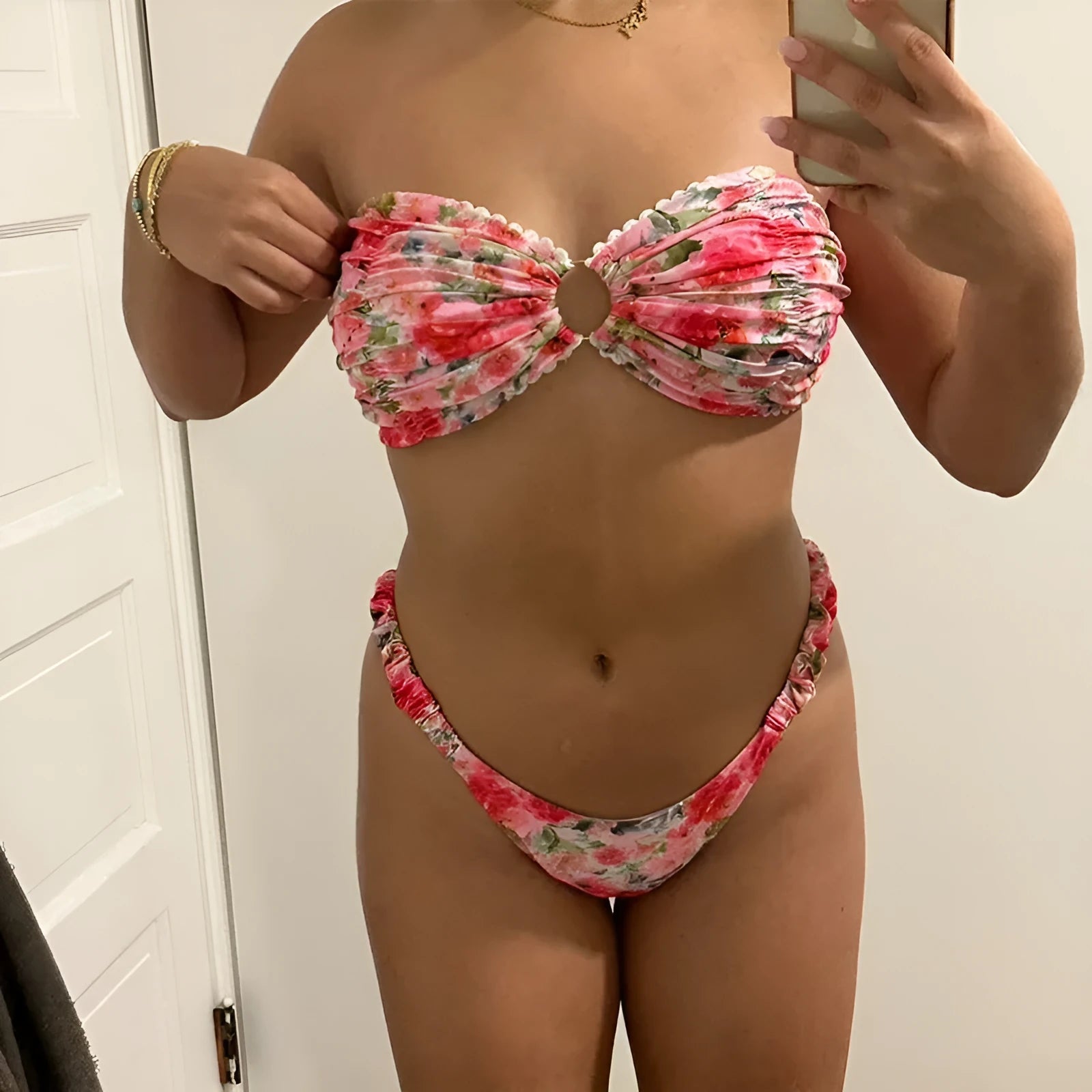 Floral printed tube top bikini set with matching briefs in blue colour option