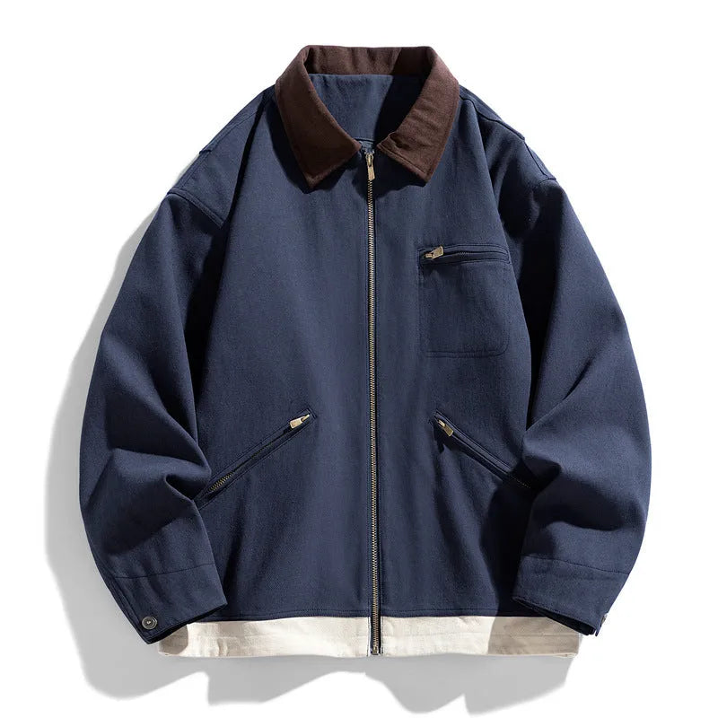 Men's Korean-style loose-fit workwear jacket with contrast colour lapels in polyester fabric