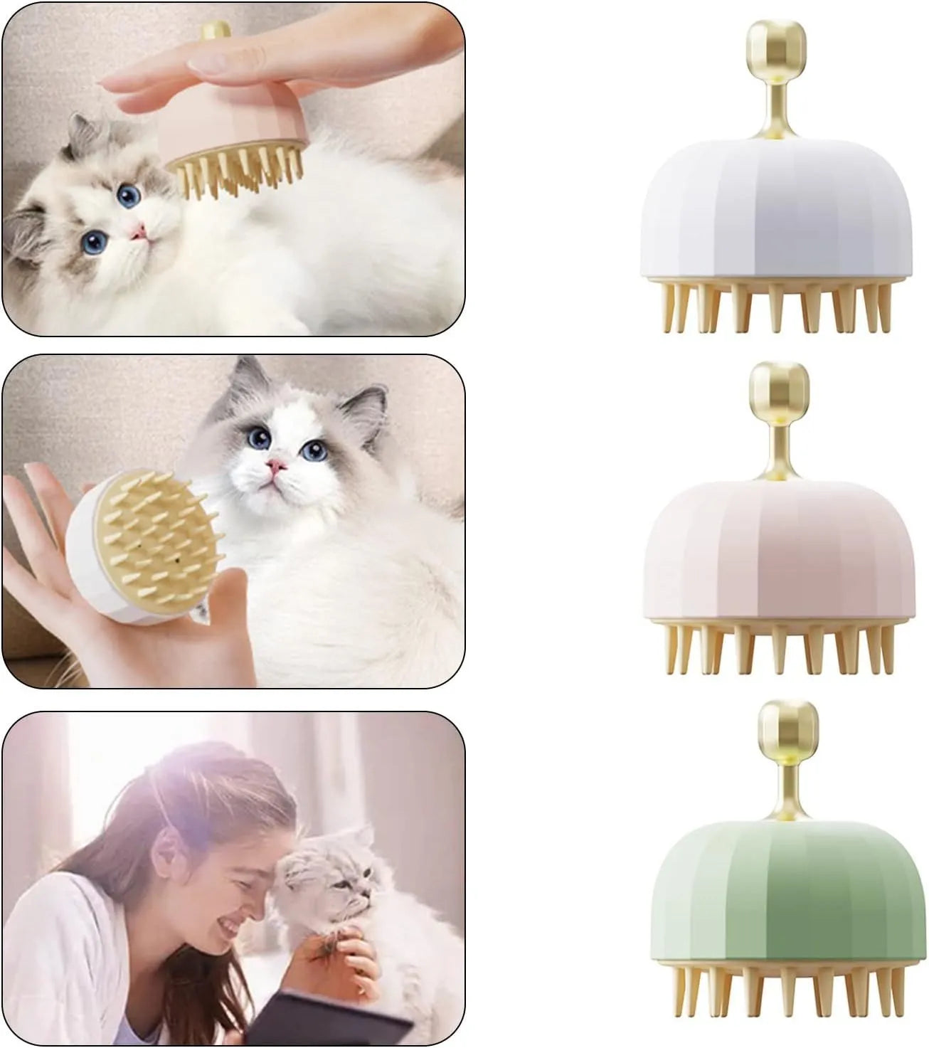 Green pet bath brush with silicone bristles and drain holes for dog and cat washing
