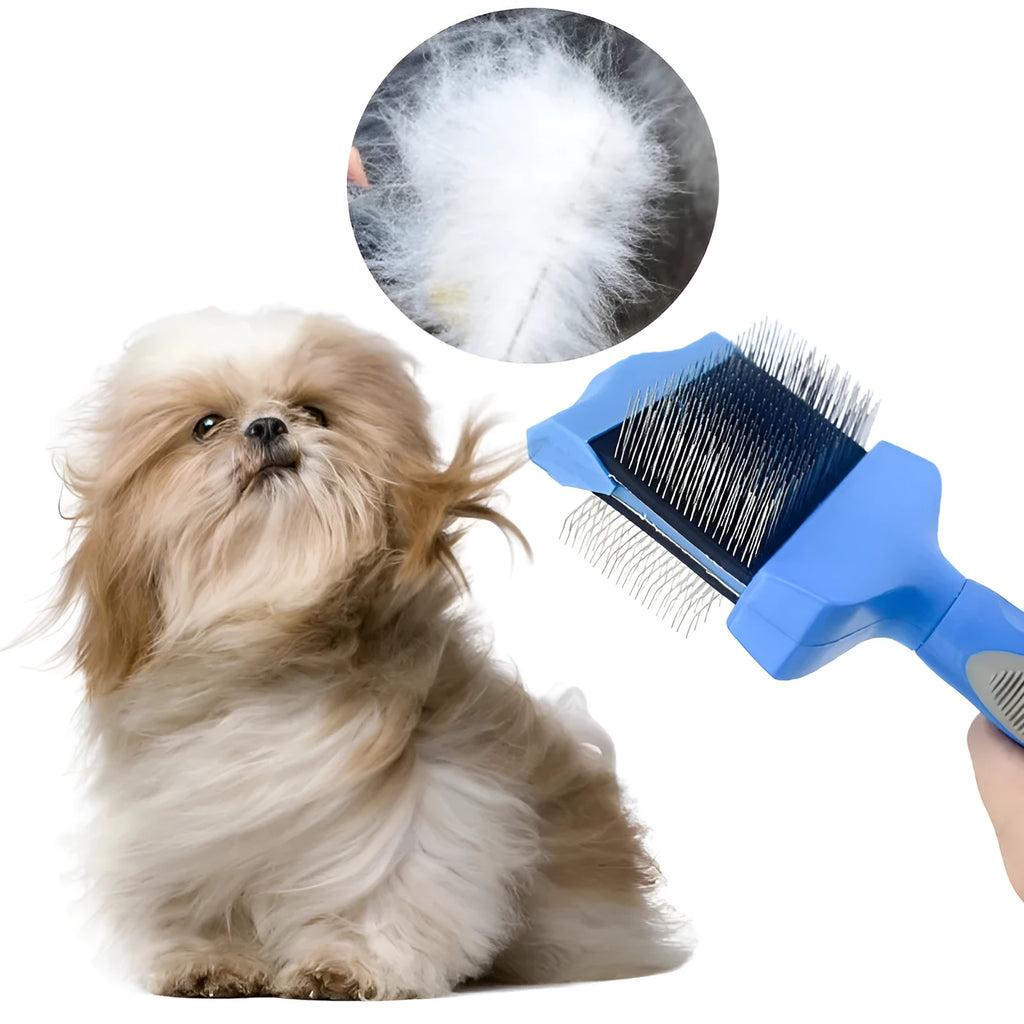Blue double-sided pet brush with stainless steel pins and soft pins on a non-slip ergonomic handle.