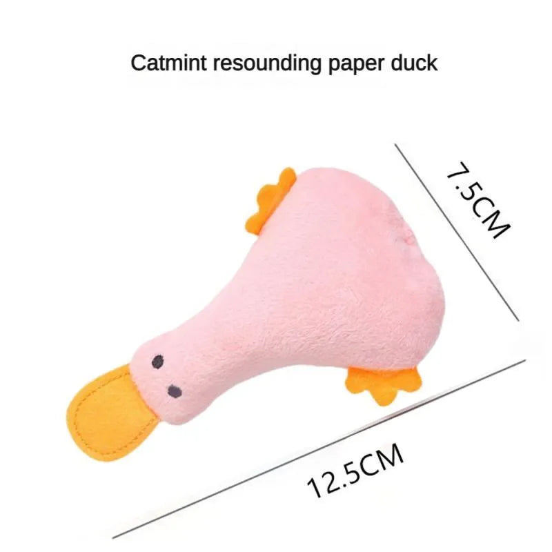 Duck-shaped plush pet toy with squeaker and catnip filling in blue colour