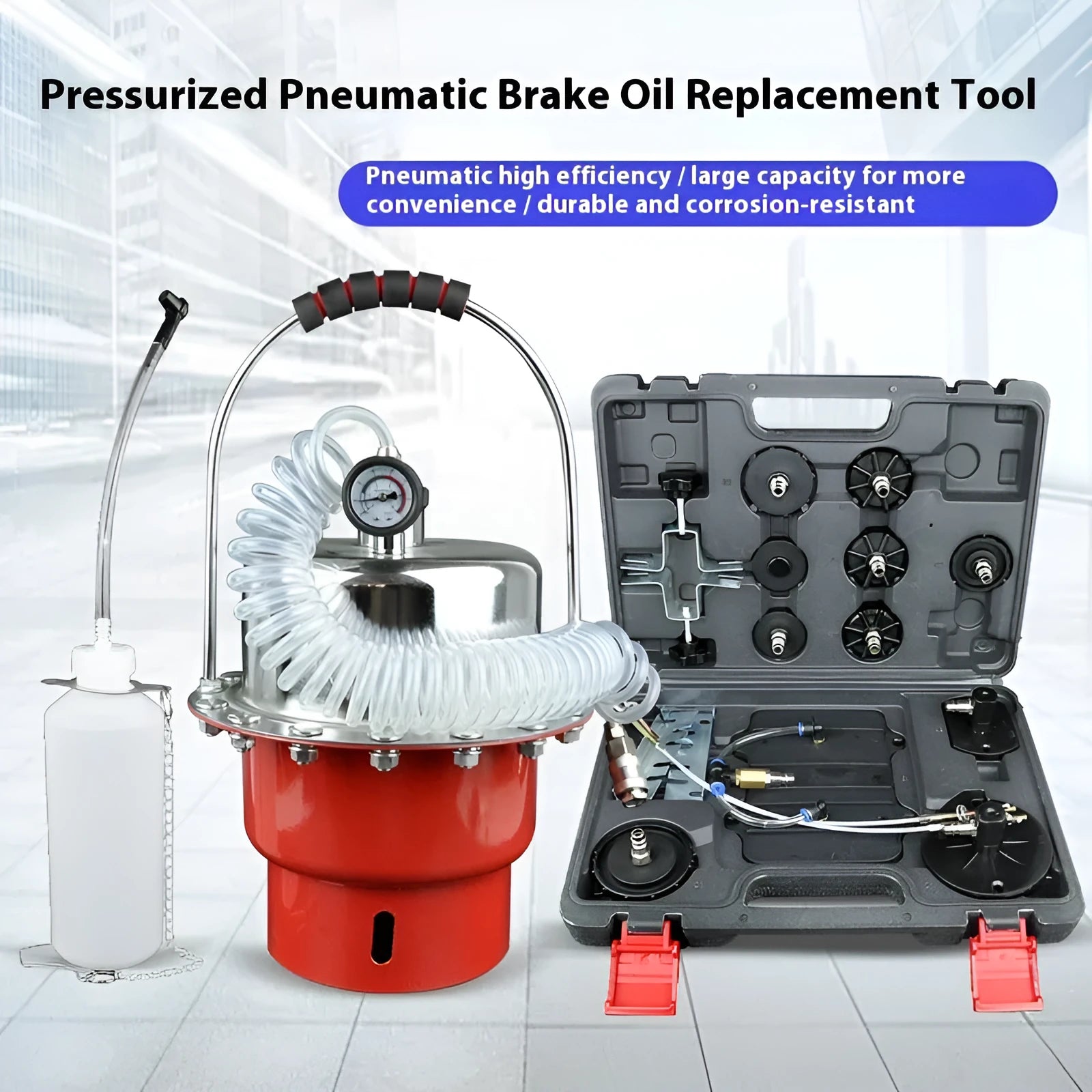 Pneumatic brake fluid replacement machine with pressure gauge and transparent drain hose