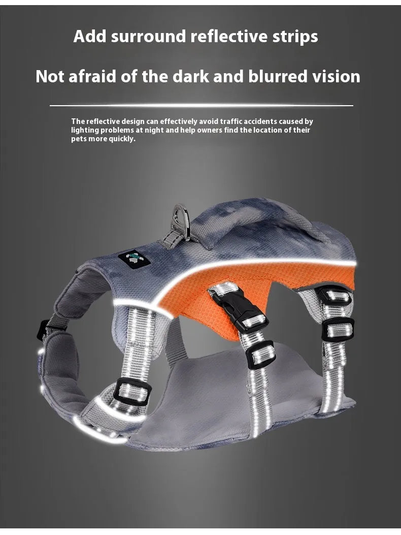 Reflective light blue dog chest strap showing adjustable design for summer walking safety